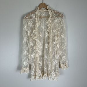 Heirloom Lace Vintage L Cardigan White USA Made Boho Western Frilly Ruffle Ivory